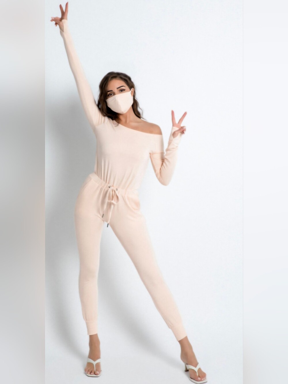 More Than A Mask By Olivia Culpo Soft PINK Off-Shoulder Jumpsuit/Loungewear XS